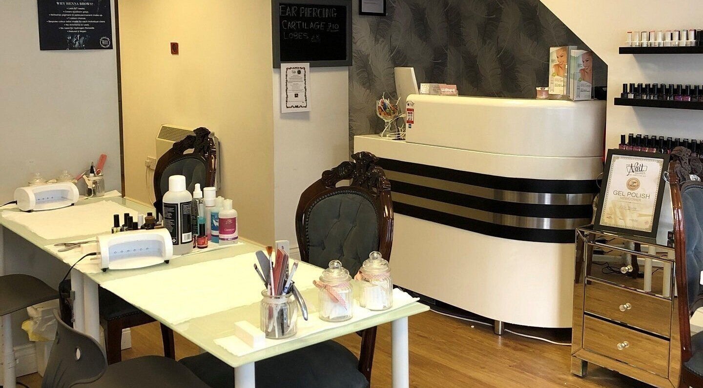 Nail care station at Bay Beauty Academy, Whitley Bay, England, GB featuring stylish decor and manicure tools.