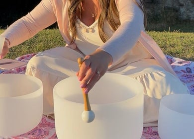 Meditation session with crystal bowls at CALM with Clare, Connah's Quay, Wales, GB promotes wellness and tranquility.