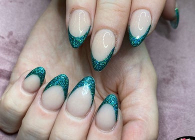 Elegant teal glitter nails at Glossom Beauty, Motherwell, Scotland, GB.