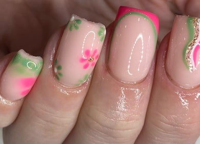 Elegant floral nail art manicure at Glossom Beauty, Motherwell, Scotland, GB.