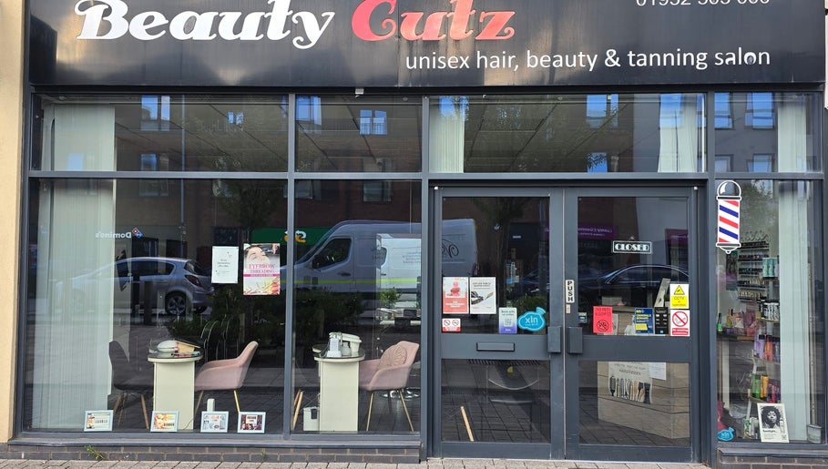 Front view of Beauty Cutz, a stylish salon in Telford, England, GB, showcasing its inviting and modern design.