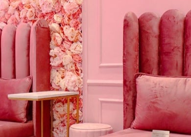 Luxurious pink velvet seating at BOA Beauty Bar - Mall Of The South, Alberton, Gauteng, ZA.