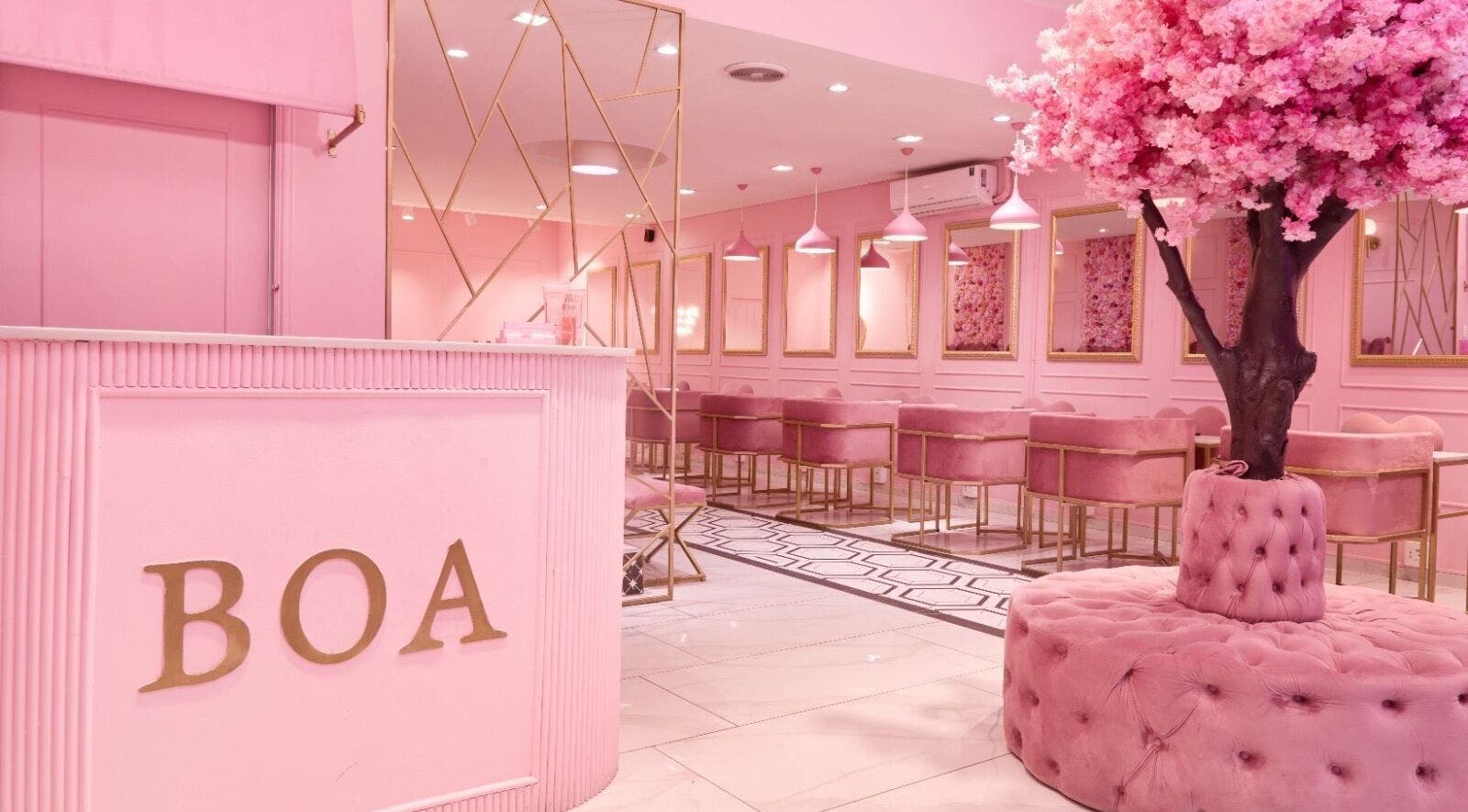 Elegant pink interior of BOA Beauty Bar Claremont, Cape Town, Western Cape, ZA featuring plush seating and cherry blossom decor.