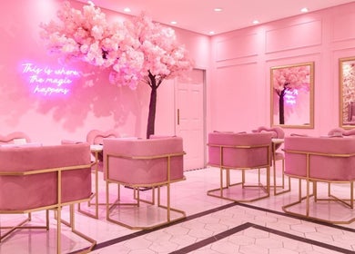 Elegant pink salon interior at BOA Beauty Bar Westlake, Cape Town, Western Cape, ZA, exuding luxury and comfort.