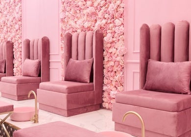 Luxurious pink seating area at BOA Beauty Bar Plumstead, Cape Town, Western Cape, ZA.