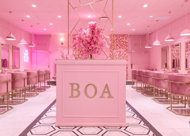 Elegant pink beauty salon interior at BOA Beauty Bar Somerset West, Cape Town, Western Cape, ZA.