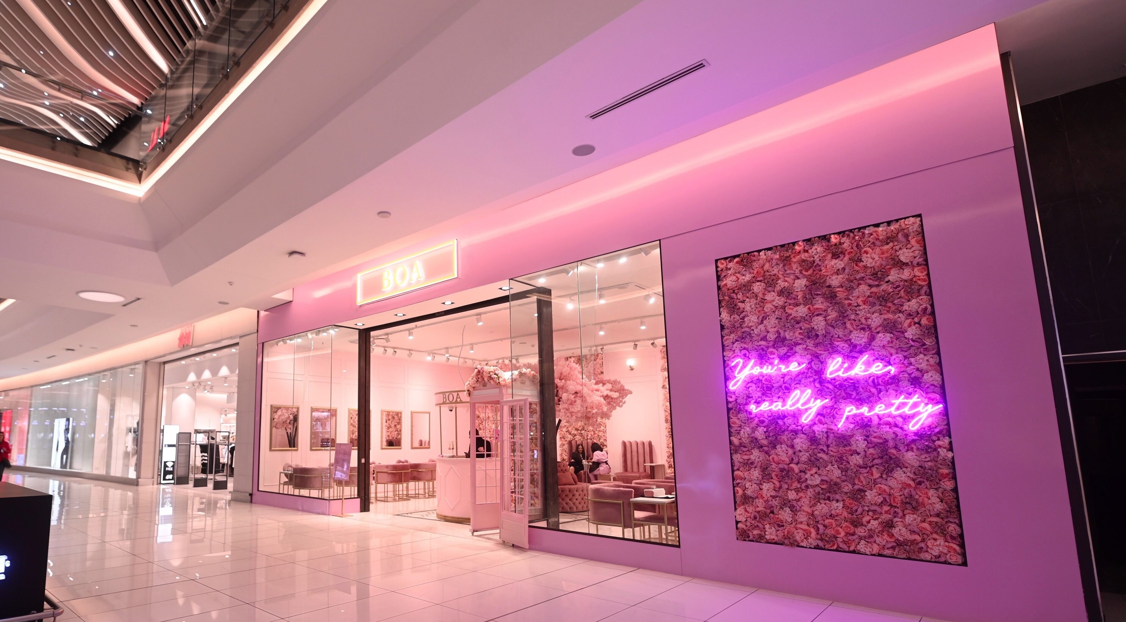 Exterior of BOA Beauty Bar Fourways Mall, Sandton, Gauteng, ZA with pink decor and ambiance.