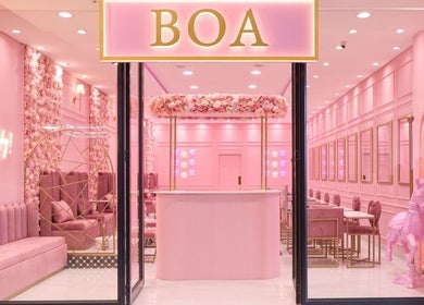 Elegant pink interior of BOA Mushroom Farm, Midrand, Gauteng, ZA showcasing luxury decor and floral accents.