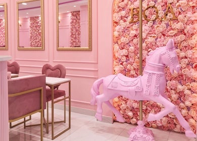 Elegant pink room at BOA Mushroom Farm, Midrand, Gauteng, ZA with a floral wall and carousel horse decor.