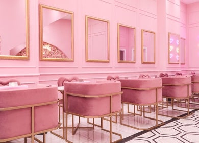 Luxurious pink interiors of BOA Beauty Bar Verdi Shopping Centre in Randburg, Gauteng, ZA with plush seating.