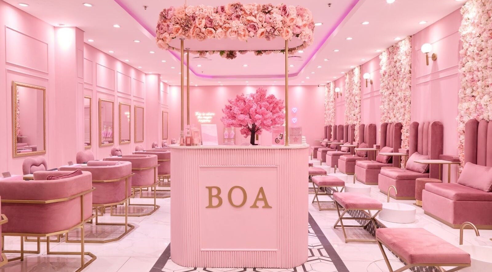 Luxurious pink interior of BOA Beauty Bar Durbanville, a chic salon in Cape Town, Western Cape, ZA.