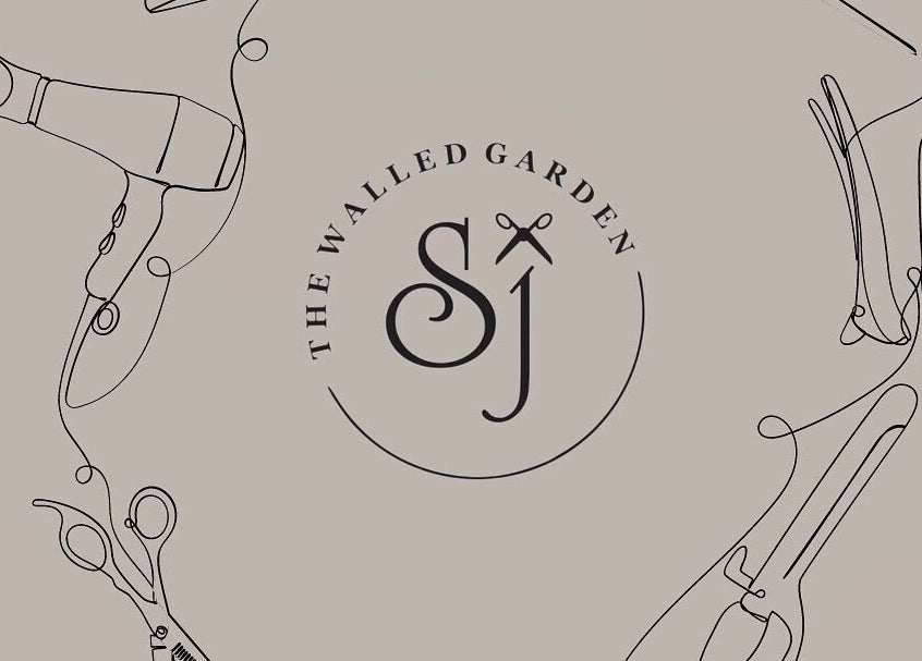 Line art of salon tools and logo at The Walled Garden Salon, Fareham, England, GB.
