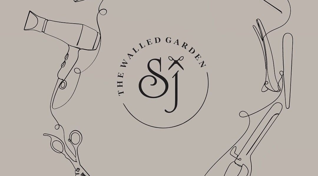 Line art of salon tools and logo at The Walled Garden Salon, Fareham, England, GB.