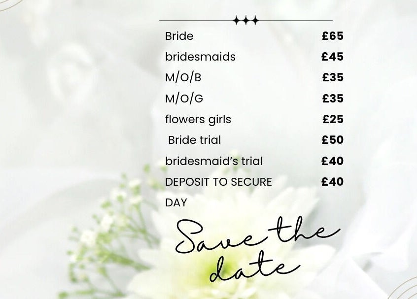 The Walled Garden Salon wedding price list in Fareham, England, GB for brides and bridesmaids.