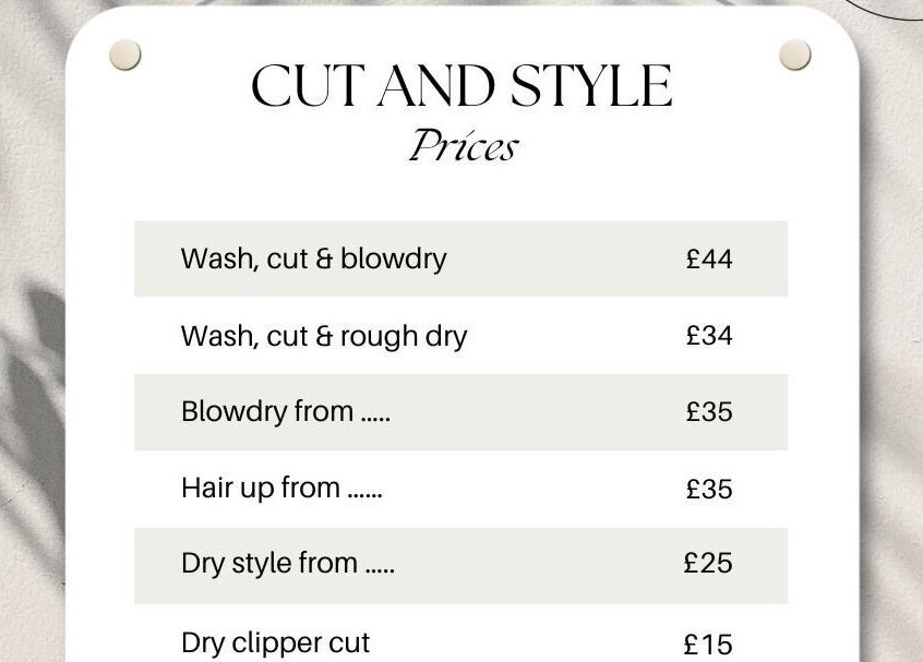 Cut and style prices at The Walled Garden Salon, Fareham, England, GB.