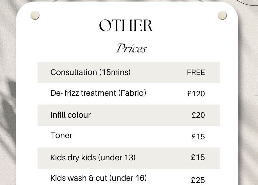 Service prices for The Walled Garden Salon in Fareham, England, GB, including consultations and treatments.