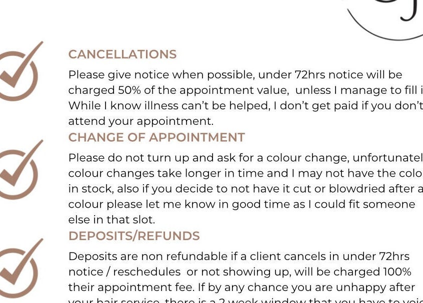 Policies and guidelines displayed at The Walled Garden Salon, Fareham, England, GB.