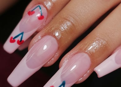 Cherry-accented pink nails at Majestic Beauty Co, Cape Town, Western Cape, ZA for a stylish look.