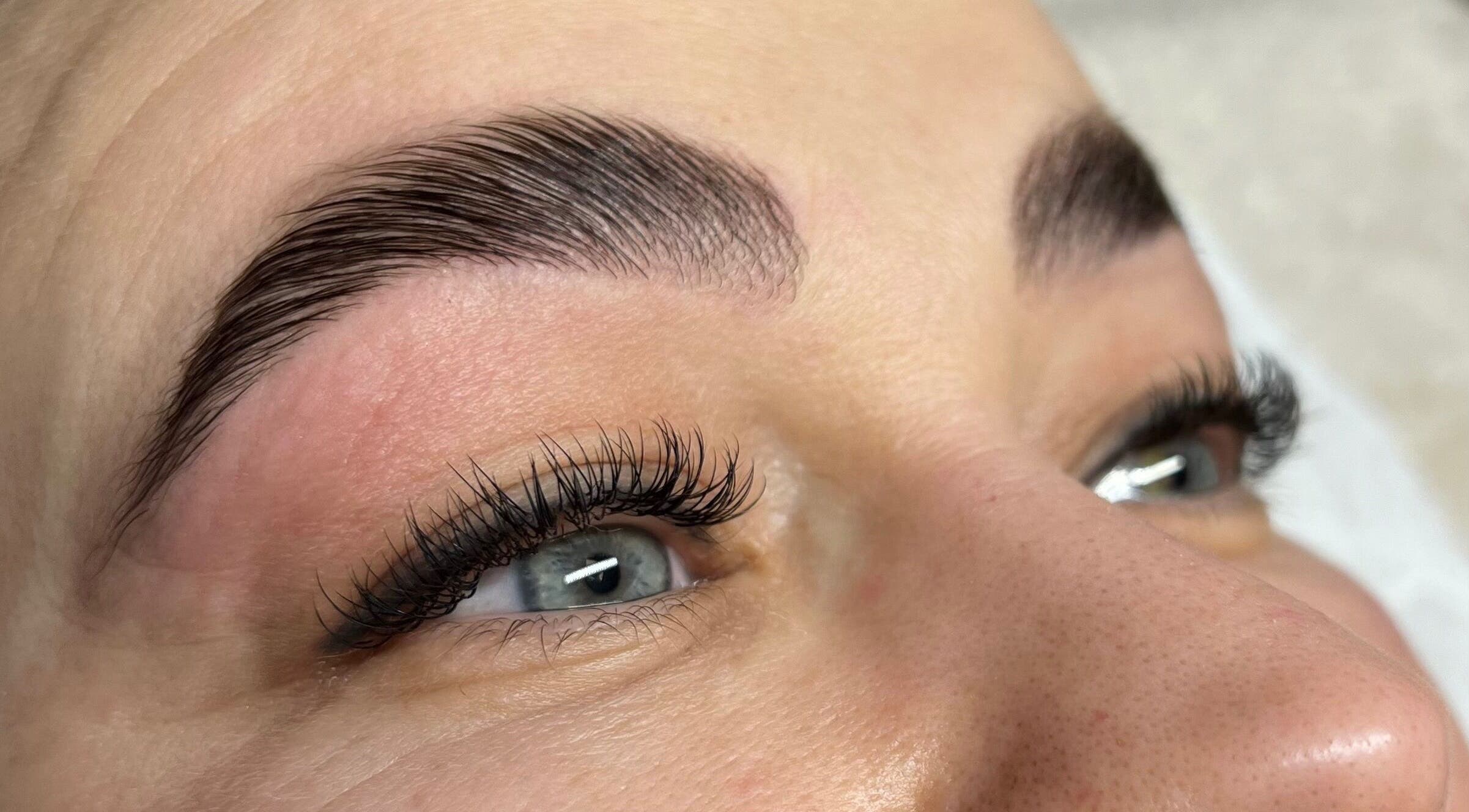 Close-up of professionally styled eyelashes and brows at Beauty Lab, Drogheda, IE.