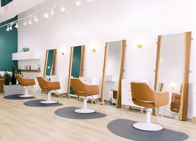 Modern salon chairs and mirrors at Fern & Ivy Hair Haus in Charlotte, North Carolina, US.