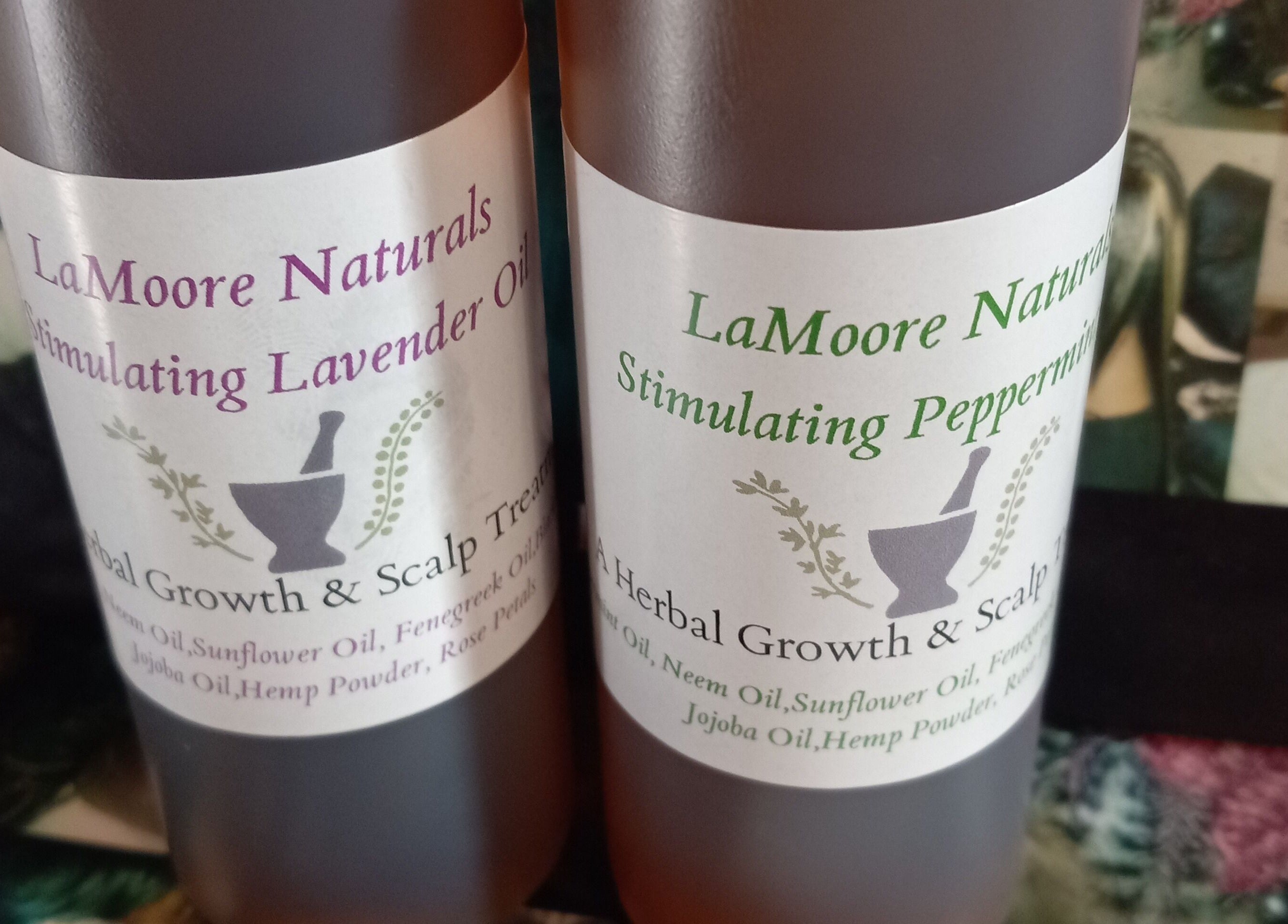 LaMoore Naturals hair oils on display at East McKeesport, Pennsylvania, US, featuring lavender and peppermint.
