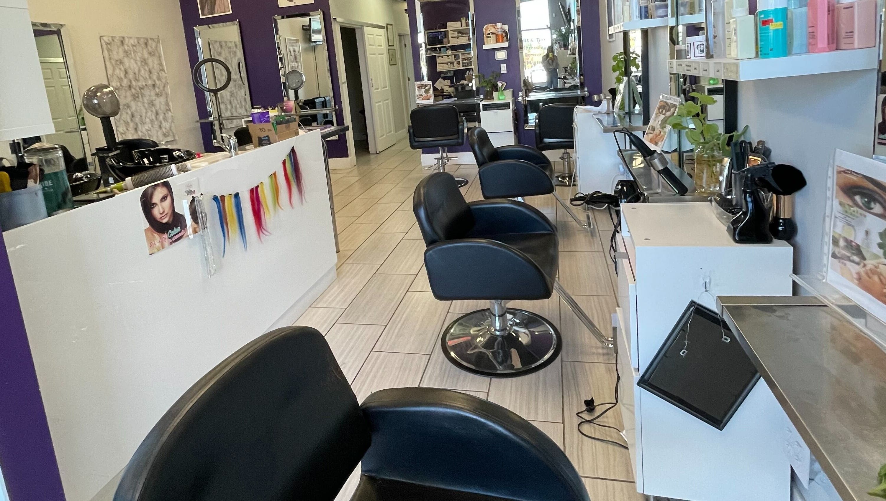 Modern salon chairs and styling stations at Si Salon and Spa, Edmonton, Alberta, CA.