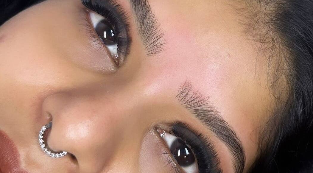 Close-up of styled eyebrows and lashes at Indulge Urself in Hatfield, England, GB.