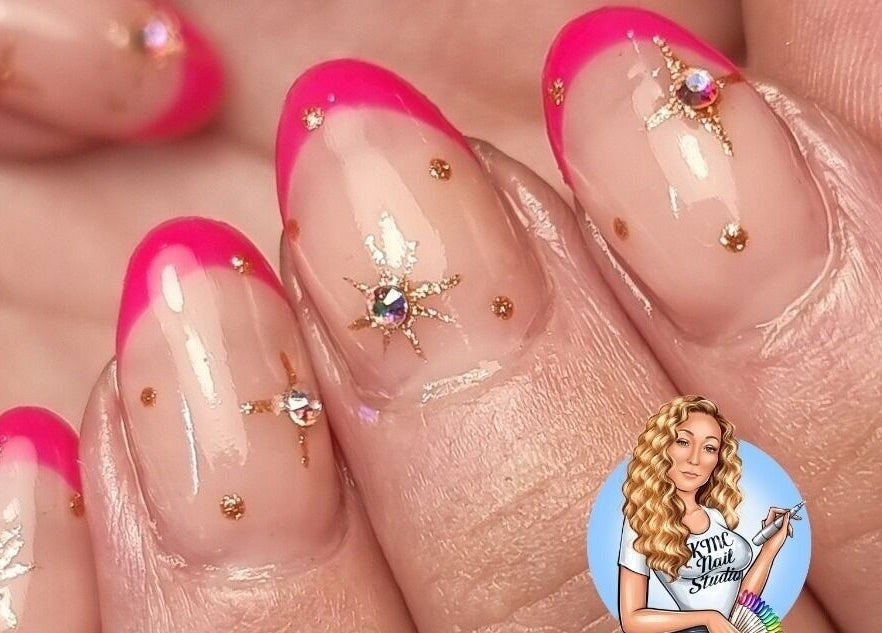 Vibrant pink and gold nail art at KMC Nail Studio, Wanneroo, Western Australia, AU.