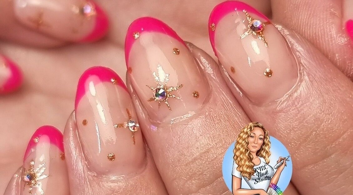 Vibrant pink and gold nail art at KMC Nail Studio, Wanneroo, Western Australia, AU.