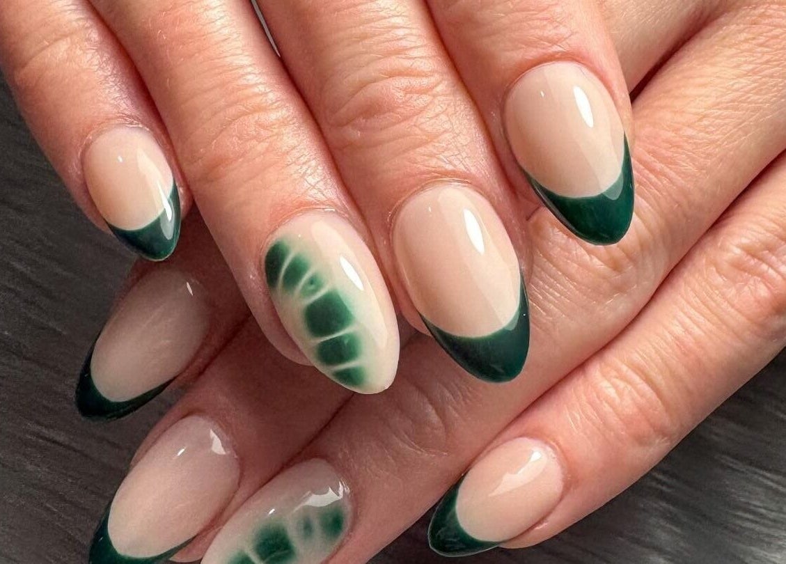 Elegant green leaf nails at KMC Nail Studio, Wanneroo, Western Australia, AU.