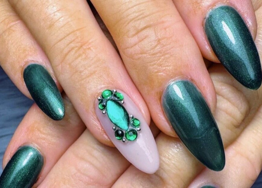 Stylish emerald green nails at KMC Nail Studio, Wanneroo, Western Australia, AU.