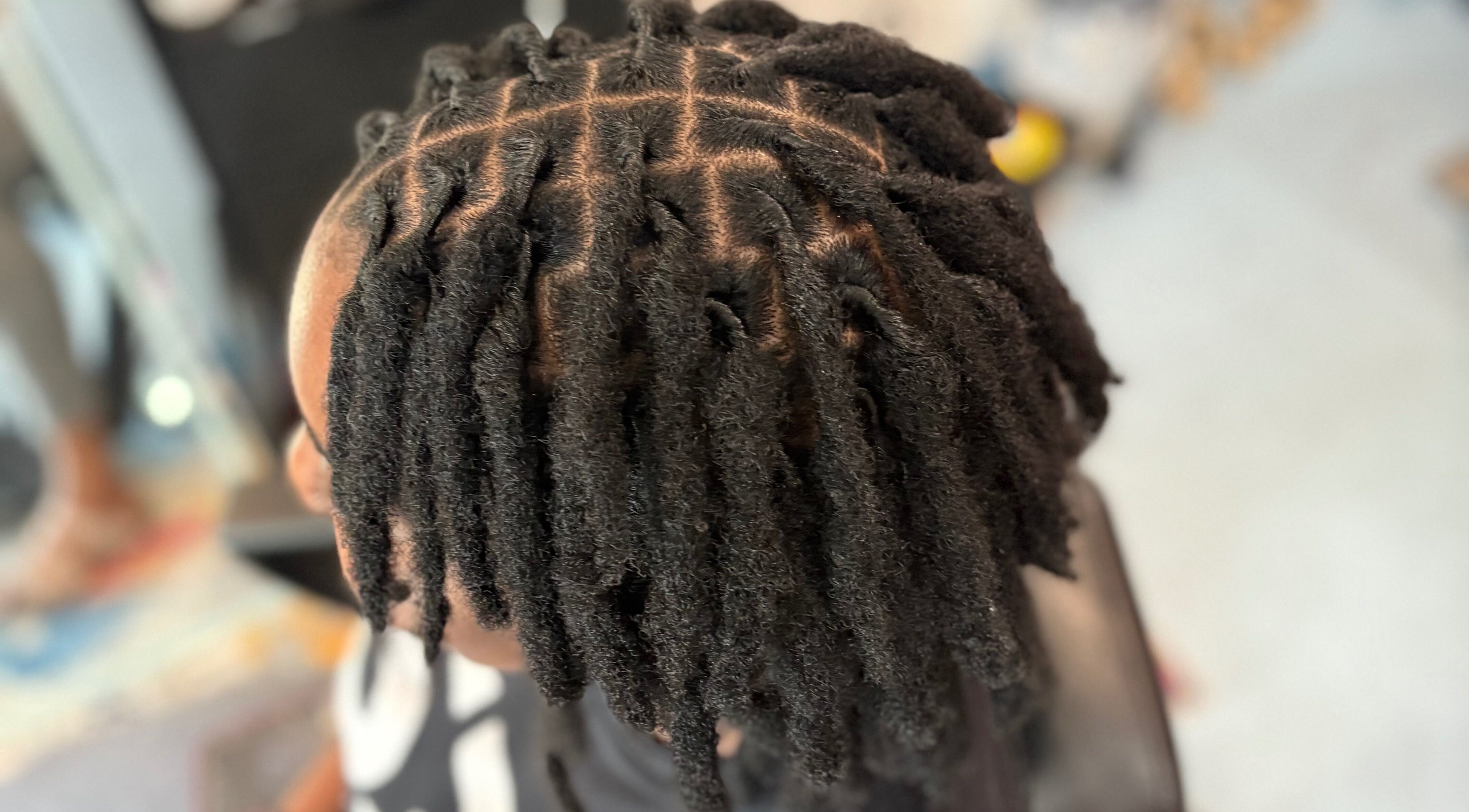 Close-up of newly styled locs at Loc’d N Loaded in Philadelphia, Pennsylvania, US.