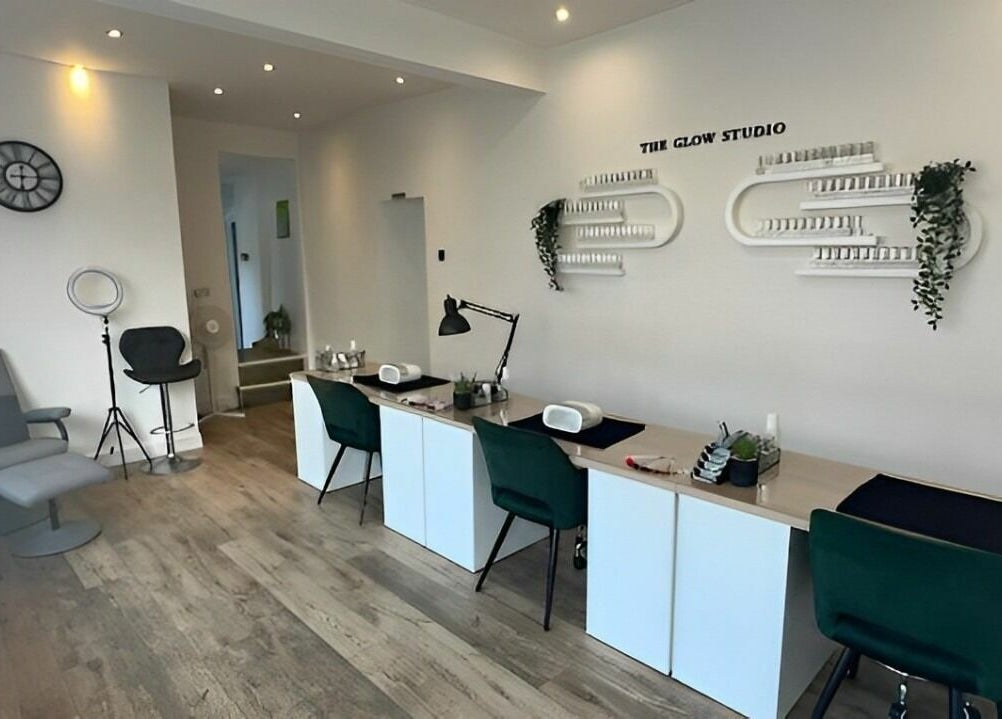 Modern and stylish interior of The Glow Studio Beauty Salon in Neath, Wales, GB. Cozy setup for beauty treatments.
