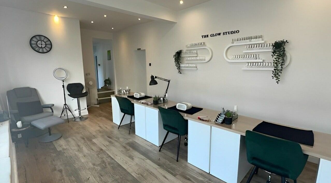 Modern and stylish interior of The Glow Studio Beauty Salon in Neath, Wales, GB. Cozy setup for beauty treatments.