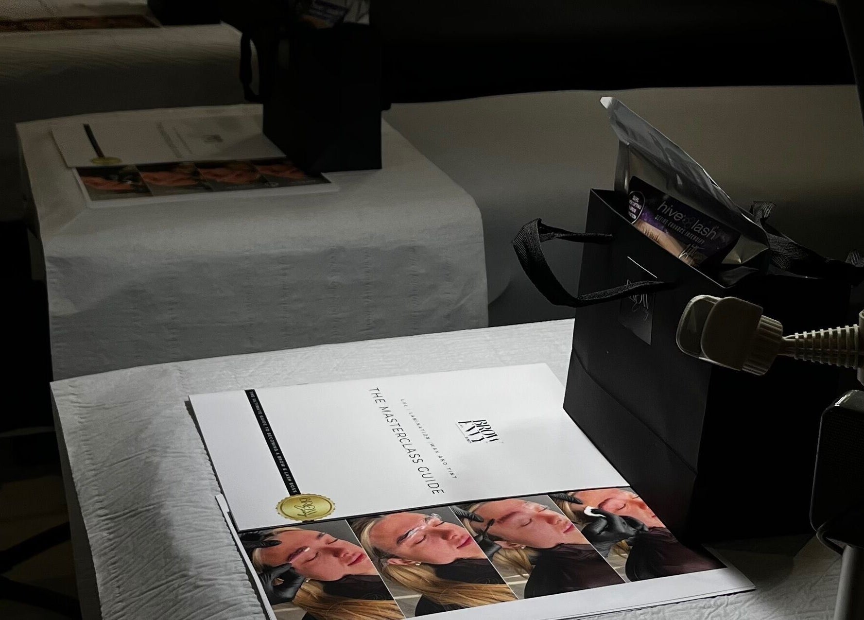 Brow Envy masterclass setup in Dublin, County Dublin, IE, showcasing training materials on a table.