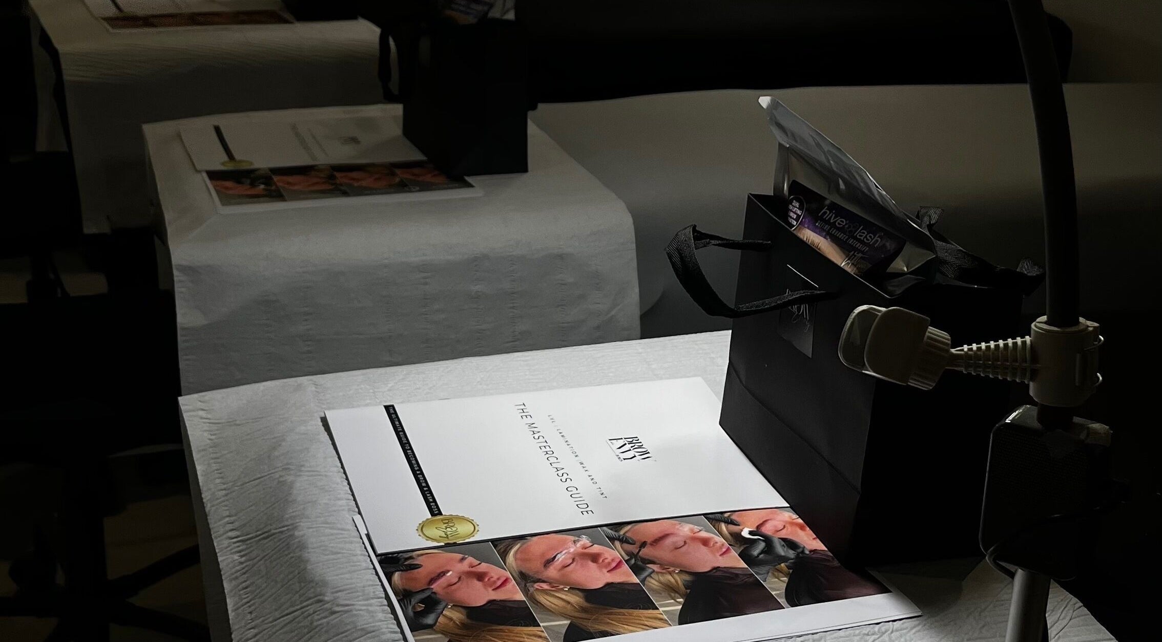 Brow Envy masterclass setup in Dublin, County Dublin, IE, showcasing training materials on a table.
