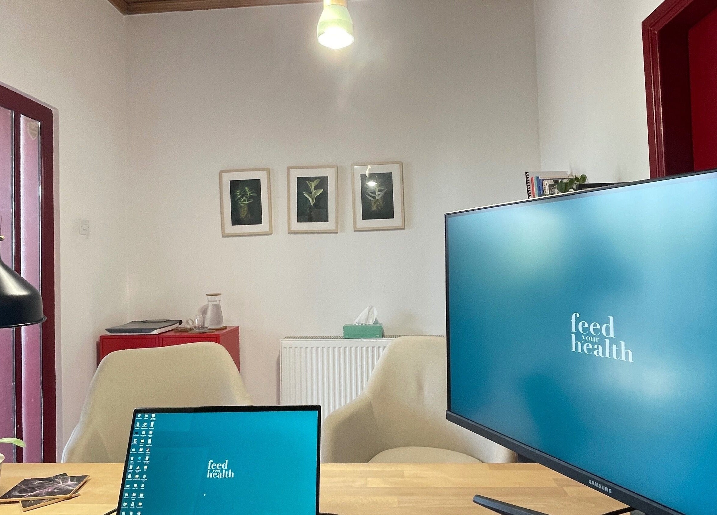 Modern workspace at Feed your Health, Aglantzia, Nicosia, CY featuring sleek decor and dual monitors.