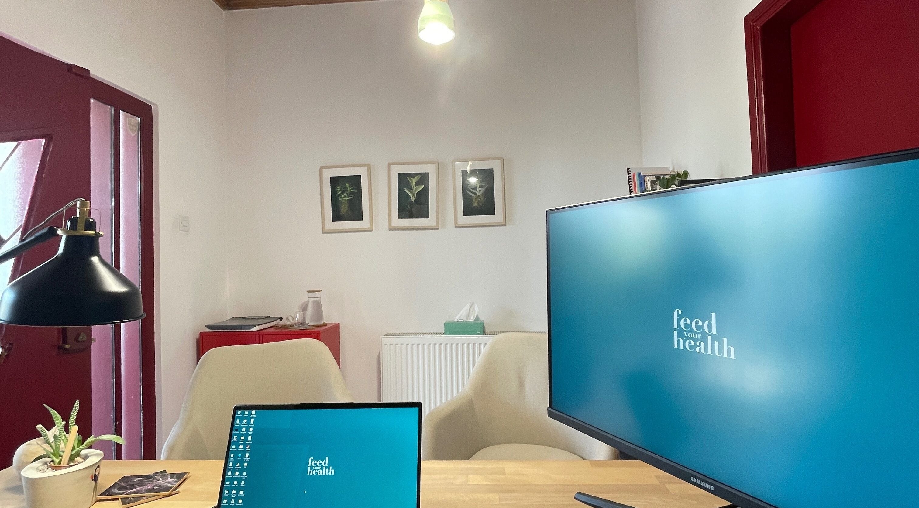 Modern workspace at Feed your Health, Aglantzia, Nicosia, CY featuring sleek decor and dual monitors.