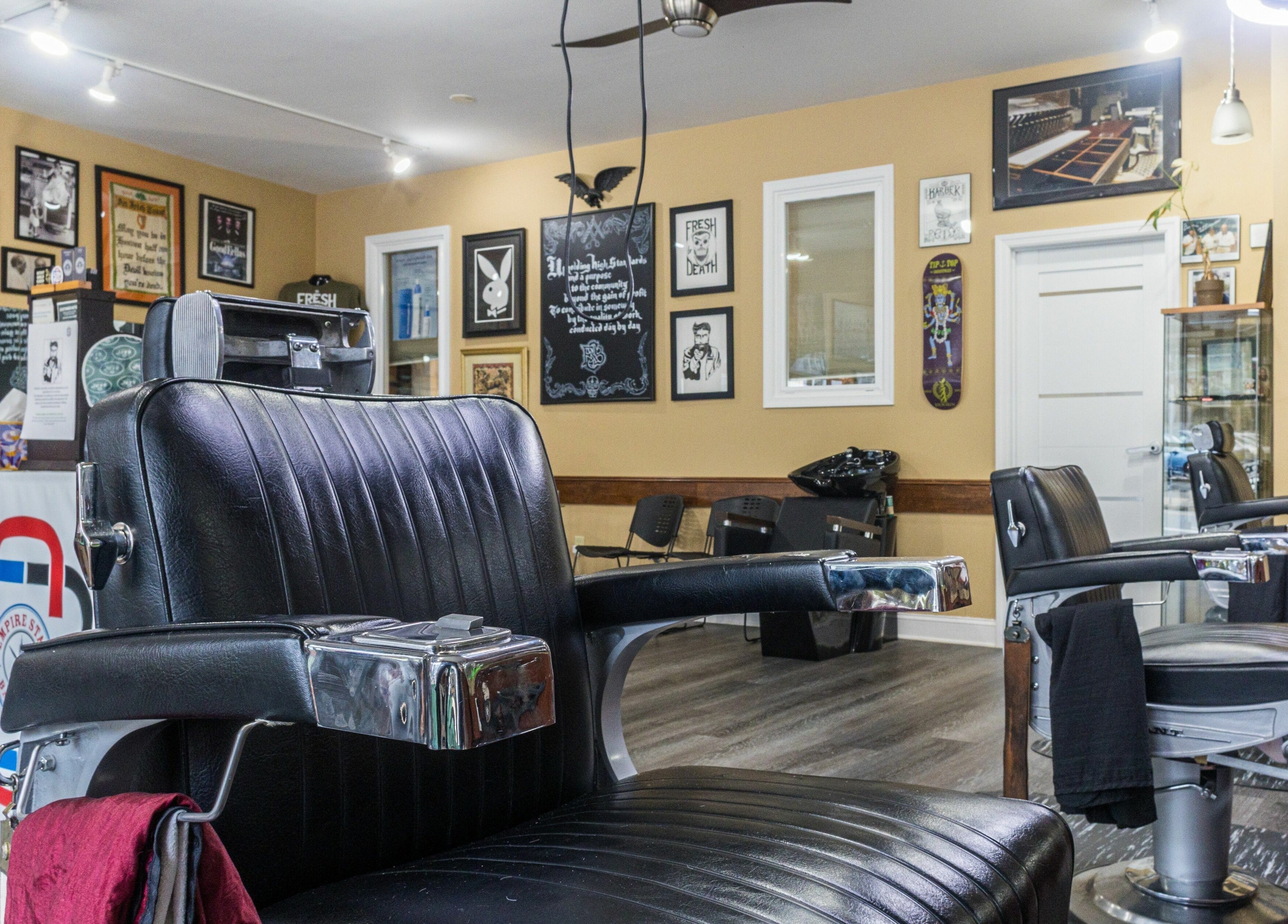 Classic barbershop chairs at Empire State Barbershop in Tappan, New York, US.