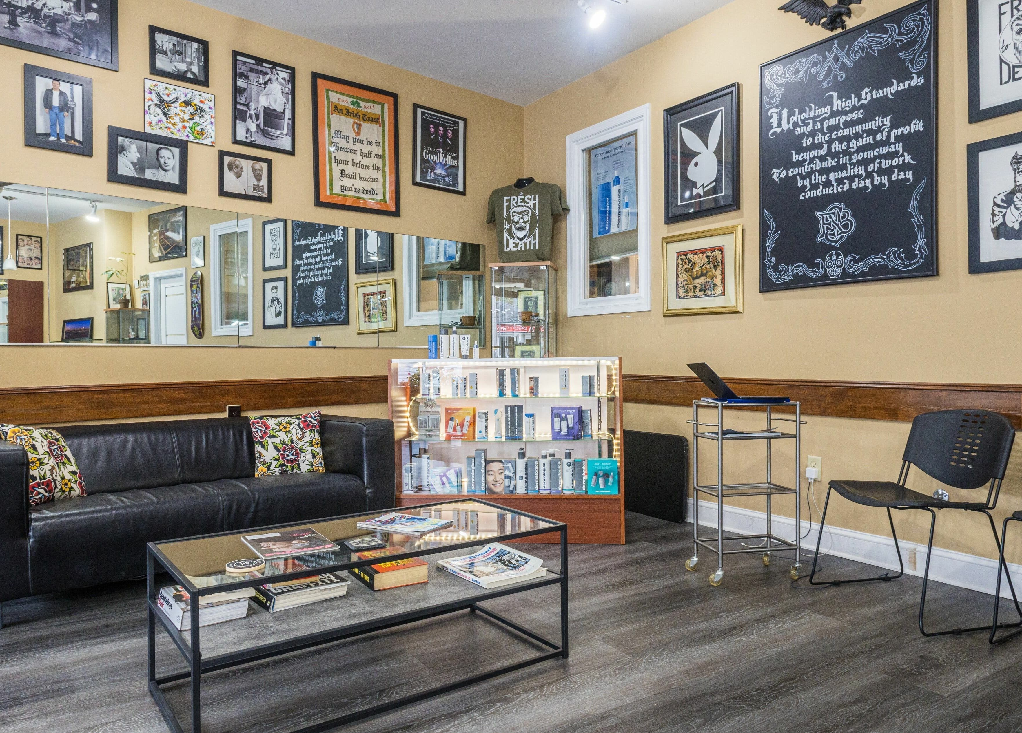 Empire State Barbershop lounge with sleek decor, Tappan, New York, US.