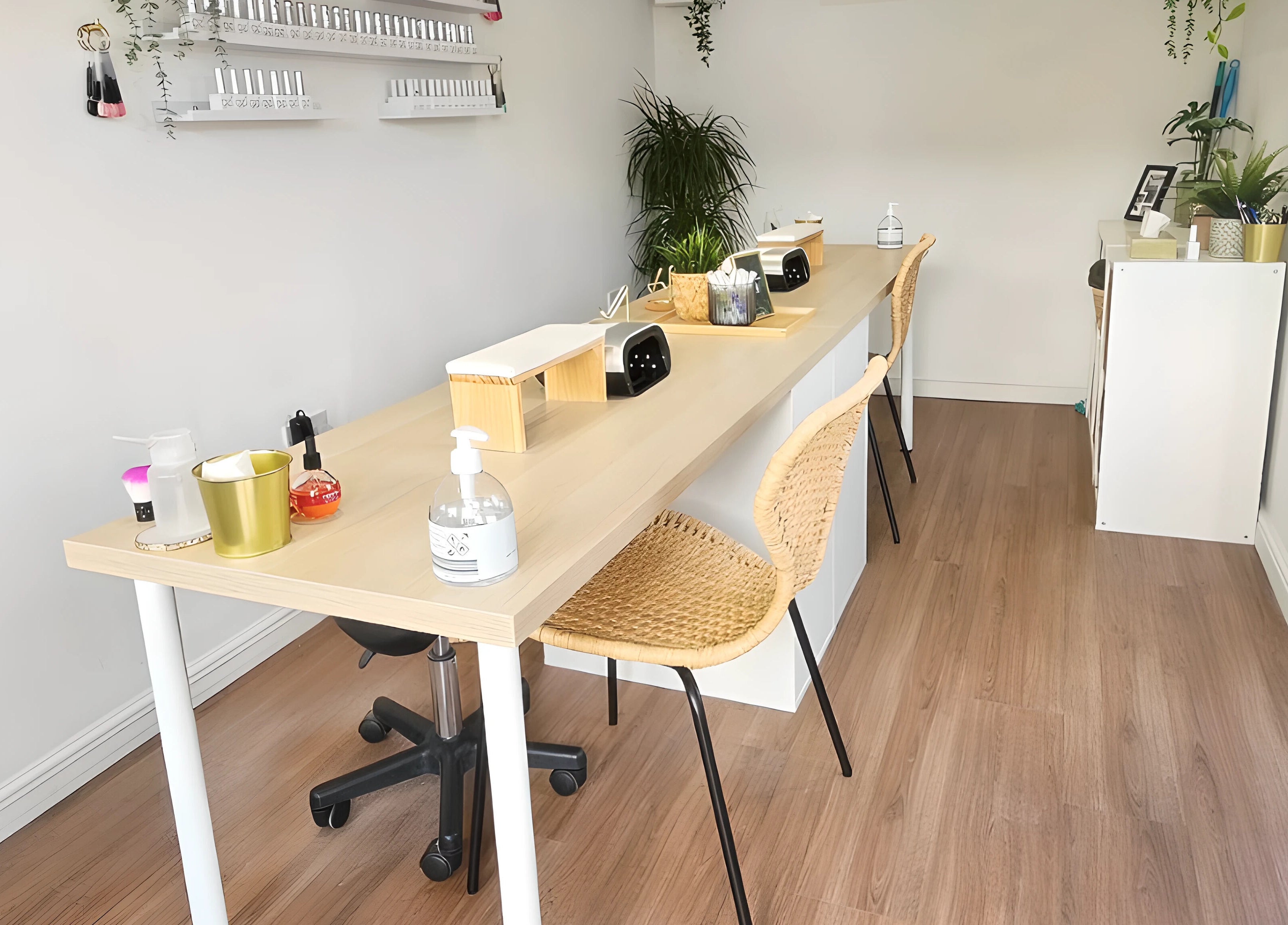 Modern nail salon interior at Babe Cave, Birkenhead, England, GB with stylish seating and decor.