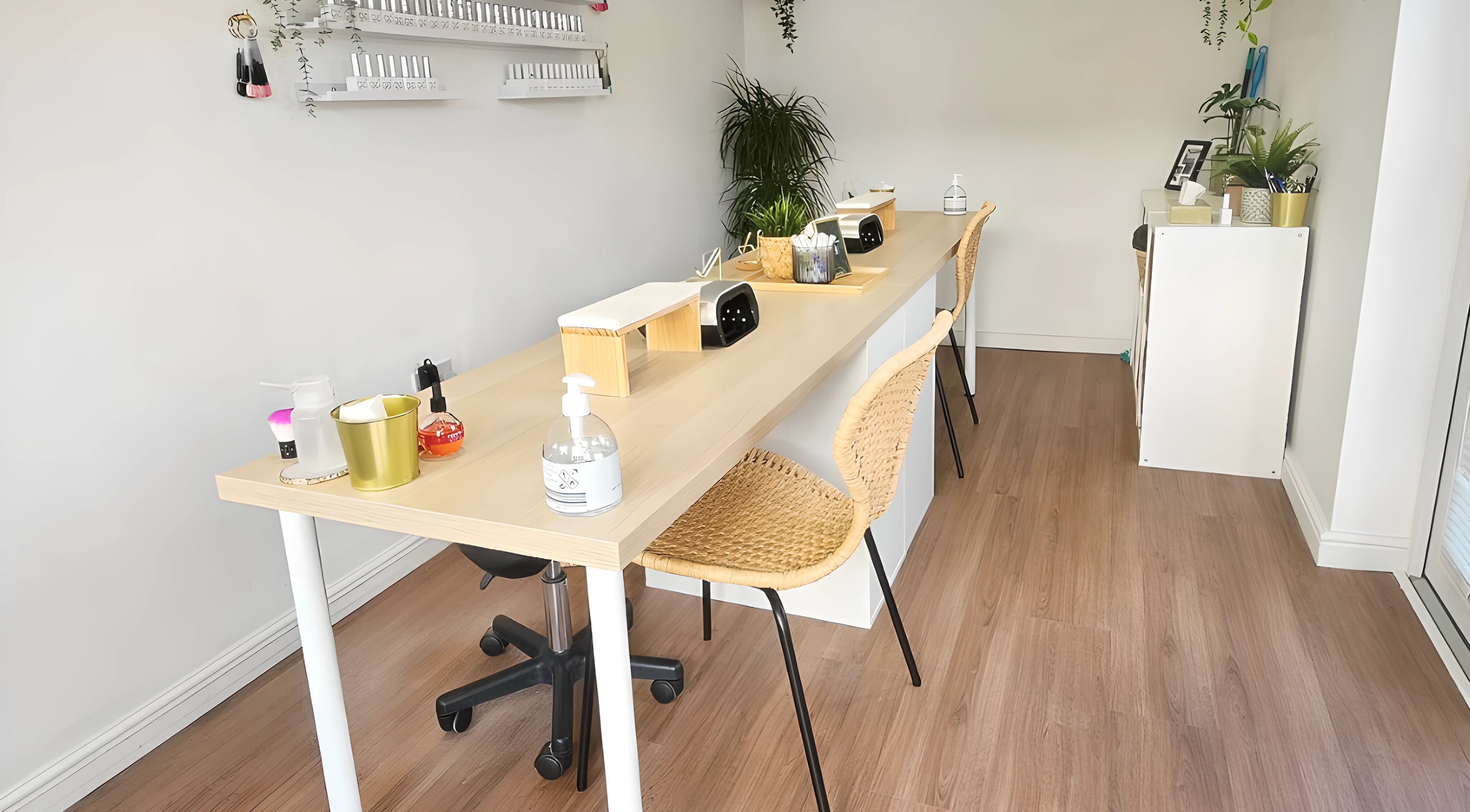 Modern nail salon interior at Babe Cave, Birkenhead, England, GB with stylish seating and decor.
