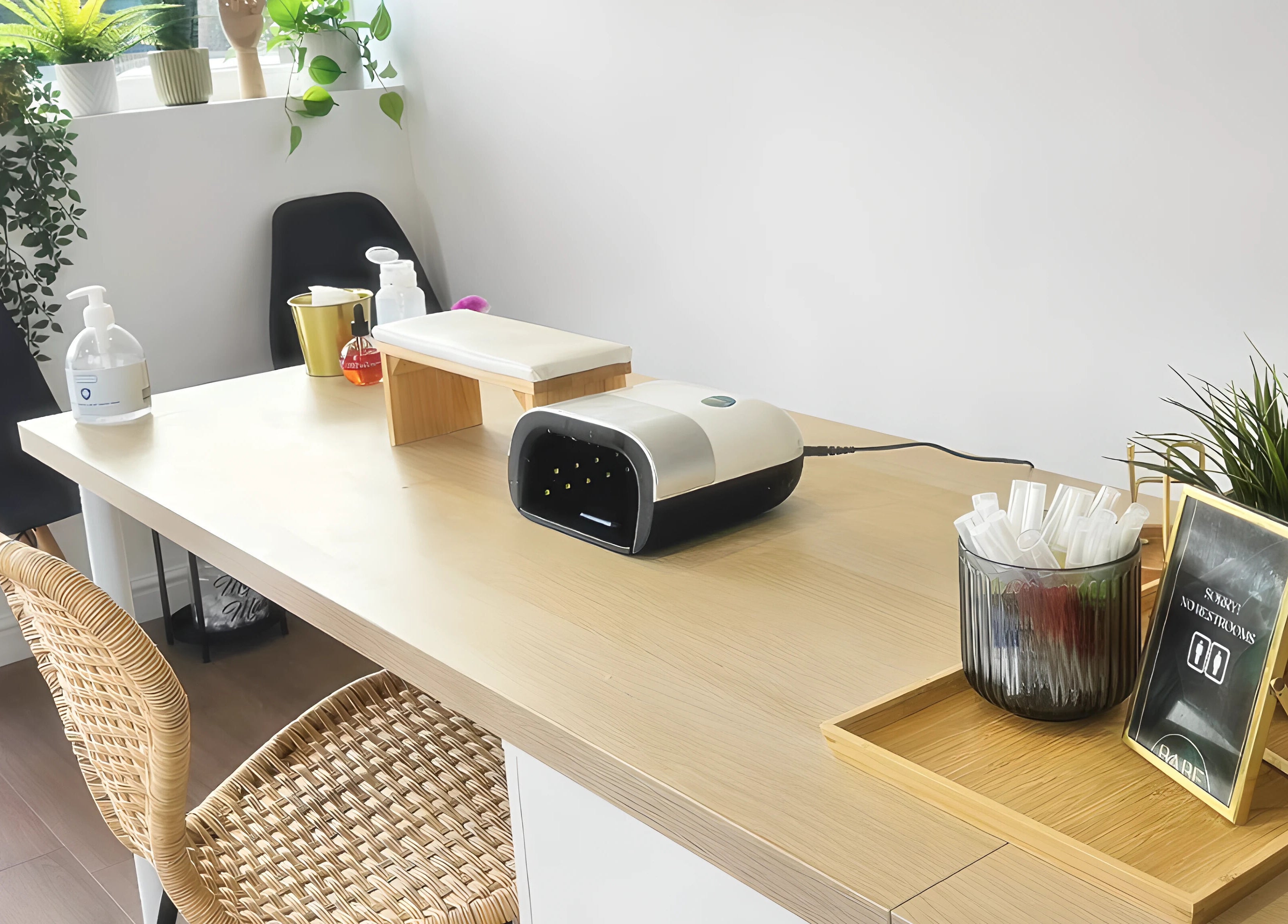 Chic nail station at Babe Cave, Birkenhead, England, GB, featuring modern decor and nail equipment.