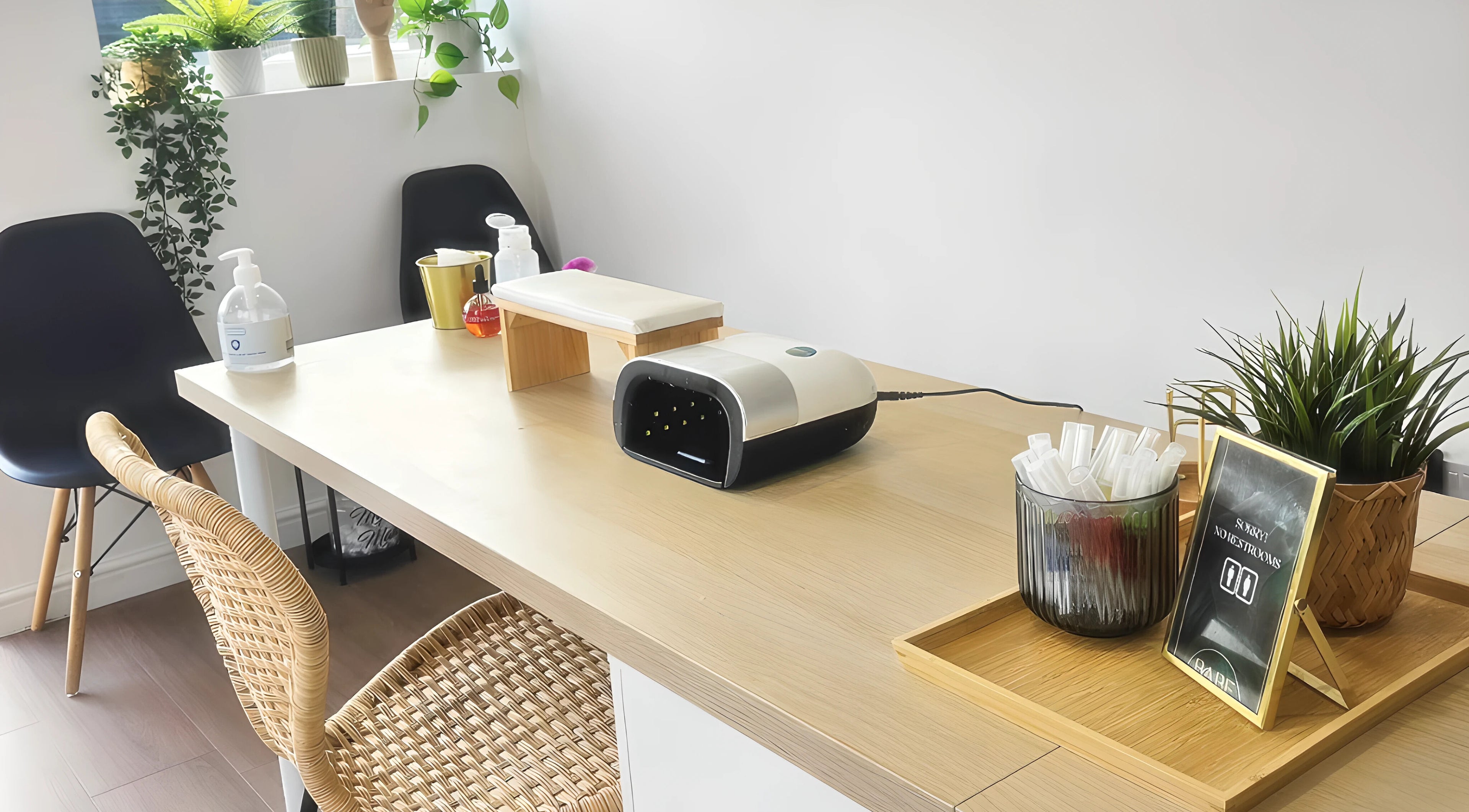 Chic nail station at Babe Cave, Birkenhead, England, GB, featuring modern decor and nail equipment.