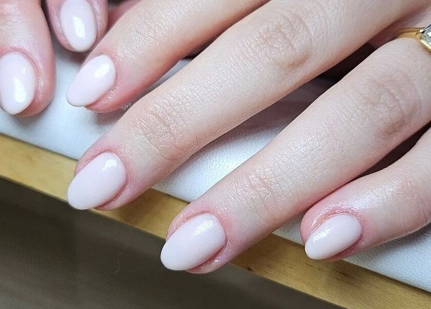 Close-up of elegant nude manicure at Babe Cave in Birkenhead, England, GB.