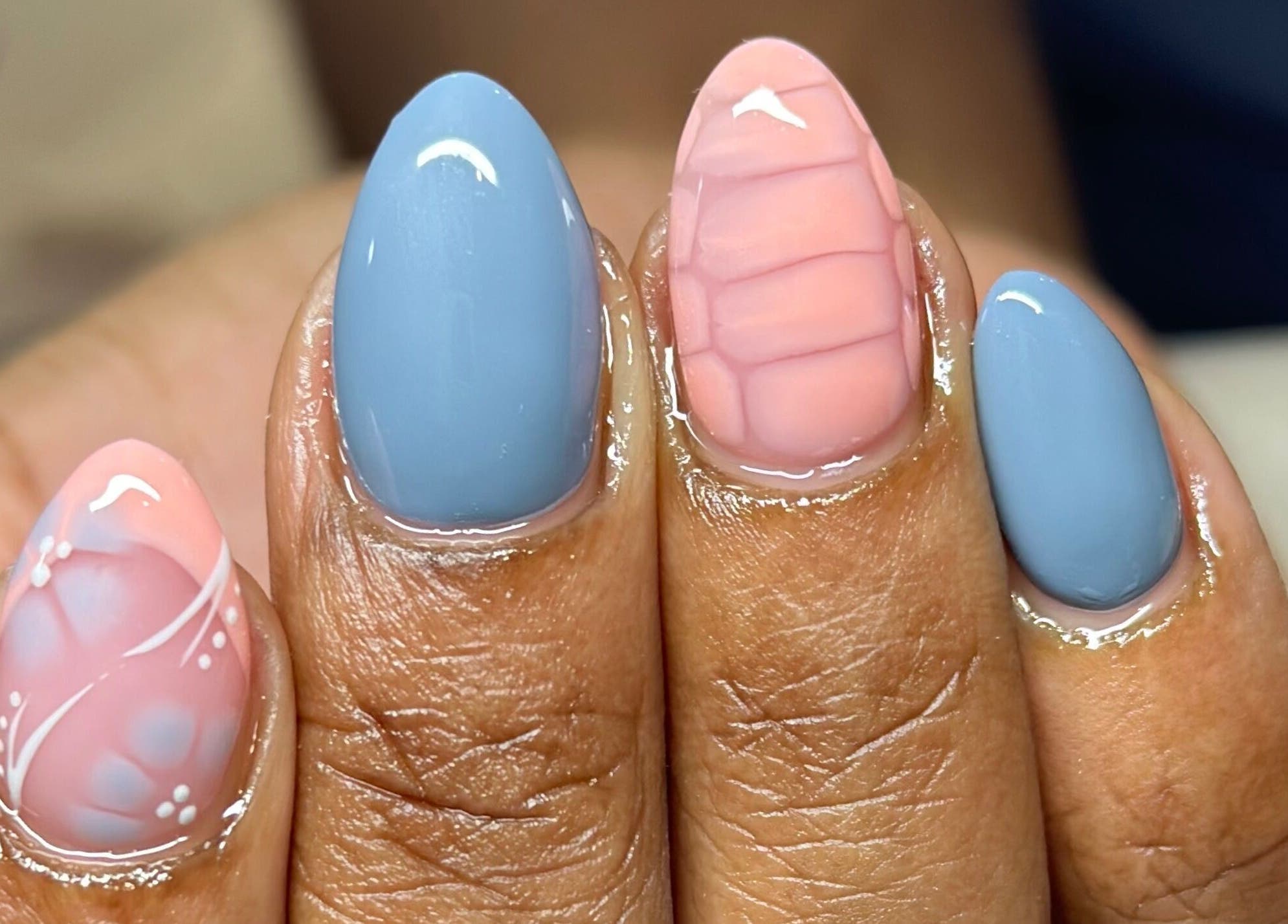 Beautiful pink and blue nail art at Nhanced in Bridgetown, Saint Thomas, BB.
