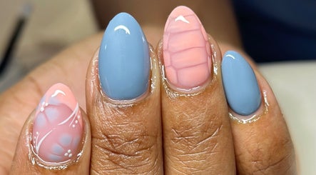 Beautiful pink and blue nail art at Nhanced in Bridgetown, Saint Thomas, BB.