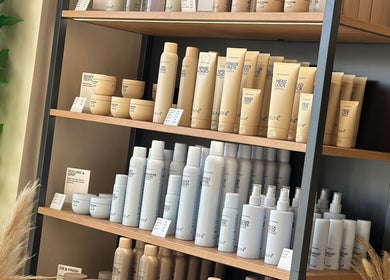 Hair products neatly arranged at Clare Elizabeth Colour & Styling Studio, Wirral, England, GB.
