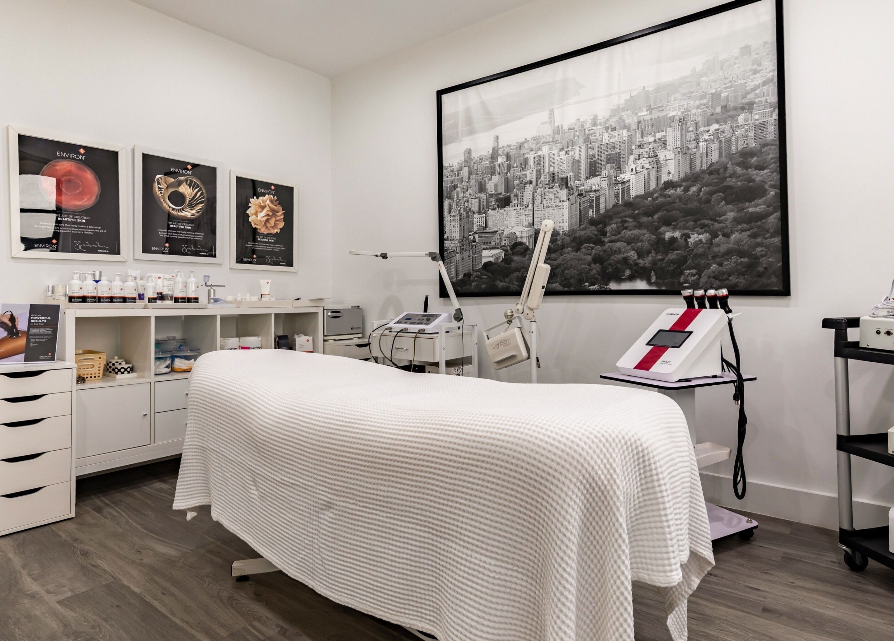 Modern treatment room at The Renew Anti-Aging Center, New York, New York, US equipped with skincare technology.
