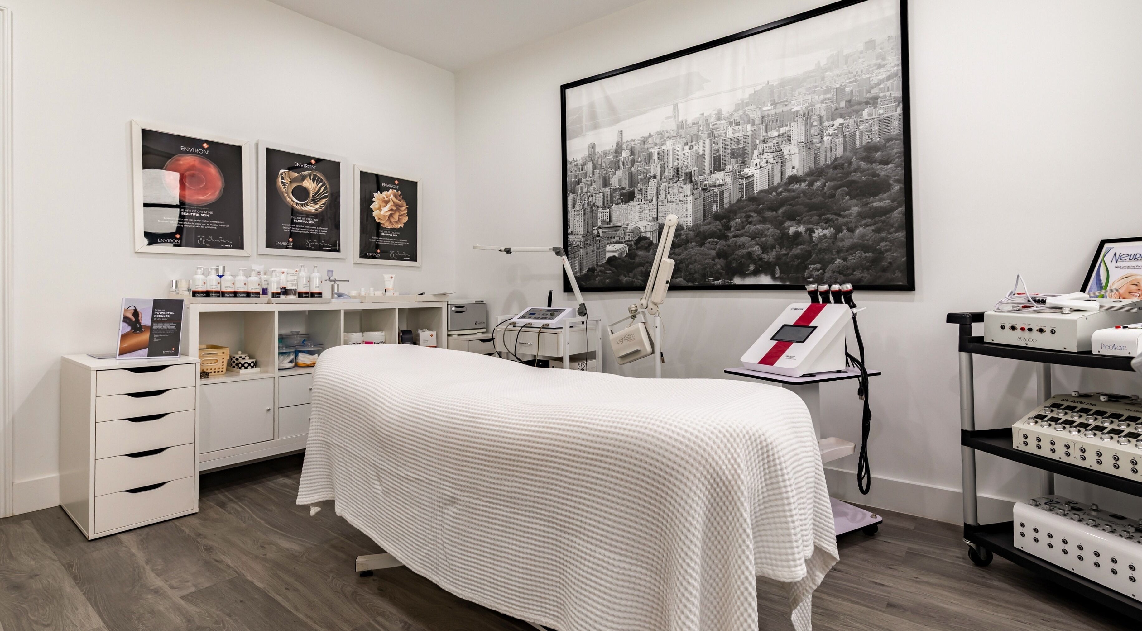 Modern treatment room at The Renew Anti-Aging Center, New York, New York, US equipped with skincare technology.